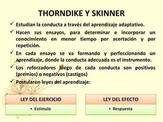 THORNDIKE Y SKINNER
 Estudian la conducta a través del aprendizaje adaptativo.
 Hacen sus ensayos, para determinar e incorporar un
conocimiento en menor tiempo por acertación y por
repetición.
 En cada ensayo se va formando y perfeccionando un
aprendizaje, donde la conducta adecuada es el instrumento.
 Los reforzadores luego de cada conducta son positivos
(premios) o negativos (castigos)
 Postularon leyes del aprendizaje:
 
