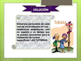SOLUCIÓN

Esfuerzos personales de cada
uno de los profesores en sus
respectivas asignaturas, con
un espacio y un tiempo que
se pueden aprovechar para la
realización de cursos
específicos: LAS TUTORIAS.

 