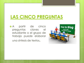 LAS CINCO PREGUNTAS


A
partir
de
cinco
preguntas
claves
el
estudiante o el grupo de
trabajo puede elaborar
una síntesis de textos.

 