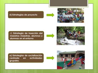 d) Estrategias de proyecto

d) Estrategia de inserción del
maestros maestras, alumnos y
alumnas en el entorno

e) Estrategias de socialización
centrada
en
actividades
grupales.

 