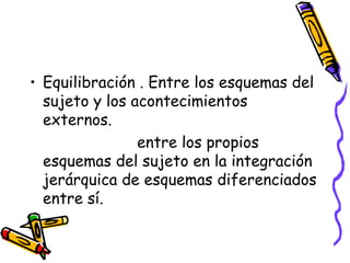 • Equilibración . Entre los esquemas del
sujeto y los acontecimientos
externos.
entre los propios
esquemas del sujeto en la integración
jerárquica de esquemas diferenciados
entre sí.
 