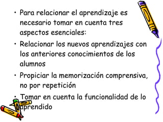 • Para relacionar el aprendizaje es
necesario tomar en cuenta tres
aspectos esenciales:
• Relacionar los nuevos aprendizajes con
los anteriores conocimientos de los
alumnos
• Propiciar la memorización comprensiva,
no por repetición
• Tomar en cuenta la funcionalidad de lo
aprendido
 