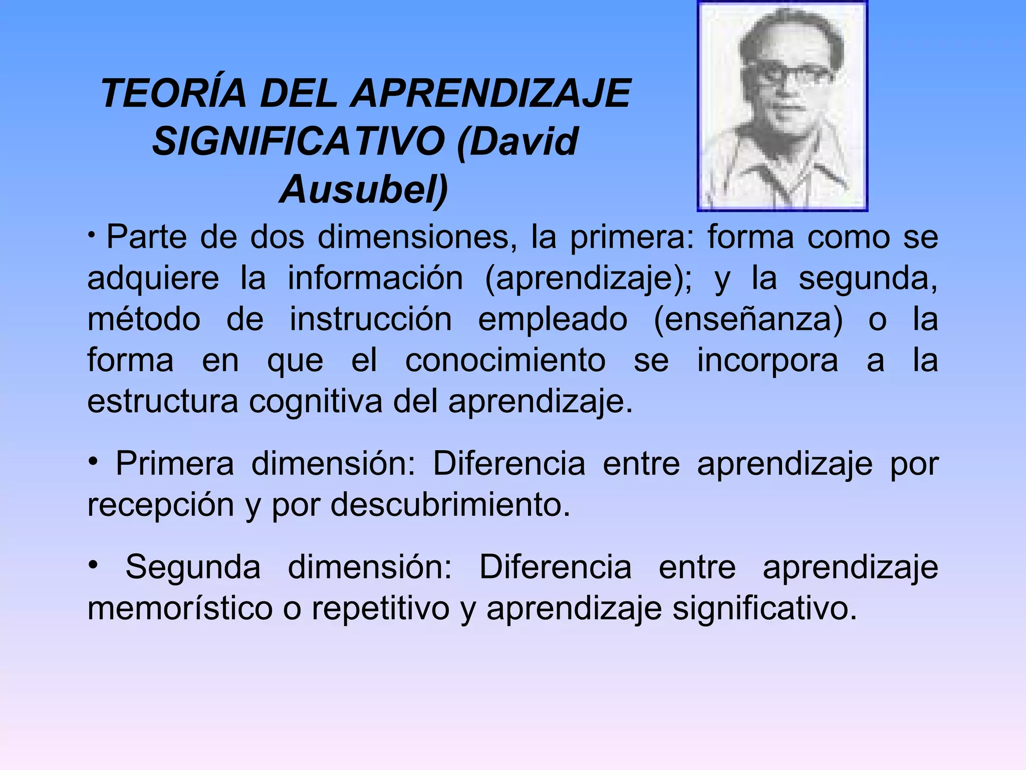 Parte de dos dimensiones, la primera: forma como se adquiere la información (aprendizaje); y la segunda, método de instrucción empleado (enseñanza) o la forma en que el conocimiento se incorpora a la estructura cognitiva del aprendizaje. Primera dimensión: Diferencia entre aprendizaje por recepción y por descubrimiento. Segunda dimensión: Diferencia entre aprendizaje memorístico o repetitivo y aprendizaje significativo. TEORÍA DEL APRENDIZAJE SIGNIFICATIVO (David Ausubel) 
