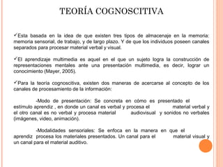 TEORÍA COGNOSCITIVA
Esta basada en la idea de que existen tres tipos de almacenaje en la memoria:
memoria sensorial, de trabajo, y de largo plazo. Y de que los individuos poseen canales
separados para procesar material verbal y visual.
El aprendizaje multimedia es aquel en el que un sujeto logra la construcción de
representaciones mentales ante una presentación multimedia, es decir, lograr un
conocimiento (Mayer, 2005).
Para la teoría cognoscitiva, existen dos maneras de acercarse al concepto de los
canales de procesamiento de la información:
-Modo de presentación: Se concreta en cómo es presentado el
estímulo aprendiz , en donde un canal es verbal y procesa el material verbal y
el otro canal es no verbal y procesa material audiovisual y sonidos no verbales
(imágenes, video, animación).
-Modalidades sensoriales: Se enfoca en la manera en que el
aprendiz procesa los materiales presentados. Un canal para el material visual y
un canal para el material auditivo.
 