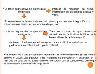 La teoría cognoscitiva del aprendizaje
multimedia
Mediante cuidadosos experimentos se procura dilucidar cuándo y por
qué funciona un determinado tipo de material.
Al enfrentarse a una presentación multimedia, la información entra por los canales
auditivo y visual. Las palabras y las imágenes se seleccionan y organizan en la
memoria de corto plazo, donde también interactúan con el conocimiento previo que
se recupera de la memoria de largo plazo
Proceso de recepción de nueva
información en los canales auditivo y
visual.
Procesamiento en la memoria de corto plazo, y su posterior integración con
conocimientos previos en la memoria a largo plazo.
La teoría cognoscitiva del aprendizaje
multimedia
Trata de explicar de qué manera el
aprendizaje es facilitado o inhibido por la
base multimedia de la información.
 