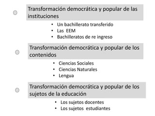 • Un bachillerato transferido
• Las EEM
• Bachilleratos de re ingreso
Transformación democrática y popular de las
instituciones
Transformación democrática y popular de los
contenidos
Transformación democrática y popular de los
sujetos de la educación
• Ciencias Sociales
• Ciencias Naturales
• Lengua
• Los sujetos docentes
• Los sujetos estudiantes
 