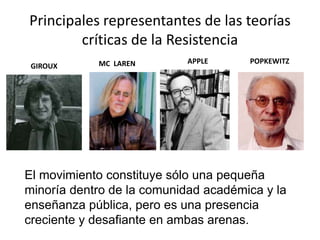 Principales representantes de las teorías
críticas de la Resistencia
El movimiento constituye sólo una pequeña
minoría dentro de la comunidad académica y la
enseñanza pública, pero es una presencia
creciente y desafiante en ambas arenas.
GIROUX MC LAREN APPLE POPKEWITZ
 