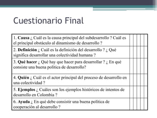 Cuestionario Final
1. Causa ¿ Cuál es la causa principal del subdesarrollo ? Cuál es
el principal obstáculo al dinamismo de desarrollo ?
2. Definición ¿ Cuál es la definición del desarrollo ? ¿ Qué
significa desarrollar una colectividad humana ?
3. Qué hacer ¿ Qué hay que hacer para desarrollar ? ¿ En qué
consiste una buena política de desarrollo?
4. Quién ¿ Cuál es el actor principal del proceso de desarrollo en
una colectividad ?
5. Ejemplos ¿ Cuáles son los ejemplos históricos de intentos de
desarrollo en Colombia ?
6. Ayuda ¿ En qué debe consistir una buena política de
cooperación al desarrollo ?
 