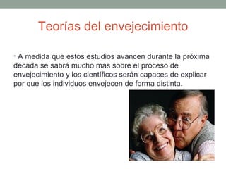 Teorías del envejecimiento

• A medida que estos estudios avancen durante la próxima
década se sabrá mucho mas sobre el proceso de
envejecimiento y los científicos serán capaces de explicar
por que los individuos envejecen de forma distinta.
 