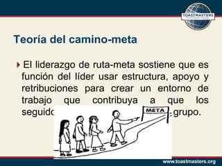 Teoría del camino-meta

El liderazgo de ruta-meta sostiene que es
 función del líder usar estructura, apoyo y
 retribuciones para crear un entorno de
 trabajo que contribuya a que los
 seguidores cumplan las metas del grupo.
 