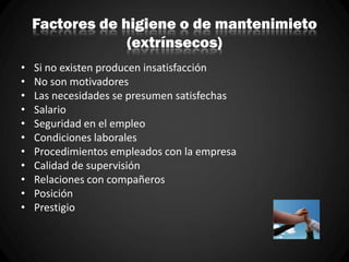 Factores de higiene o de mantenimieto
(extrínsecos)
• Si no existen producen insatisfacción
• No son motivadores
• Las necesidades se presumen satisfechas
• Salario
• Seguridad en el empleo
• Condiciones laborales
• Procedimientos empleados con la empresa
• Calidad de supervisión
• Relaciones con compañeros
• Posición
• Prestigio
 