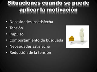 Situaciones cuando se puede
aplicar la motivación
• Necesidades insatisfecha
• Tensión
• Impulso
• Comportamiento de búsqueda
• Necesidades satisfecha
• Reducción de la tensión
 