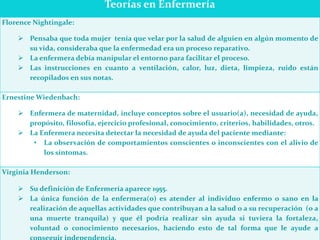 Teorías en Enfermería
Florence Nightingale:
 Pensaba que toda mujer tenía que velar por la salud de alguien en algún momento de
su vida, consideraba que la enfermedad era un proceso reparativo.
 La enfermera debía manipular el entorno para facilitar el proceso.
 Las instrucciones en cuanto a ventilación, calor, luz, dieta, limpieza, ruido están
recopilados en sus notas.
Ernestine Wiedenbach:
 Enfermera de maternidad, incluye conceptos sobre el usuario(a), necesidad de ayuda,
propósito, filosofía, ejercicio profesional, conocimiento, criterios, habilidades, otros.
 La Enfermera necesita detectar la necesidad de ayuda del paciente mediante:
• La observación de comportamientos conscientes o inconscientes con el alivio de
los síntomas.
Virginia Henderson:
 Su definición de Enfermería aparece 1955.
 La única función de la enfermera(o) es atender al individuo enfermo o sano en la
realización de aquellas actividades que contribuyan a la salud o a su recuperación (o a
una muerte tranquila) y que él podría realizar sin ayuda si tuviera la fortaleza,
voluntad o conocimiento necesarios, haciendo esto de tal forma que le ayude a
 
