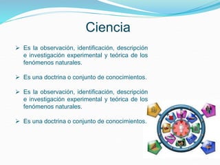 Ciencia
 Es la observación, identificación, descripción
e investigación experimental y teórica de los
fenómenos naturales.
 Es una doctrina o conjunto de conocimientos.
 Es la observación, identificación, descripción
e investigación experimental y teórica de los
fenómenos naturales.
 Es una doctrina o conjunto de conocimientos.
 
