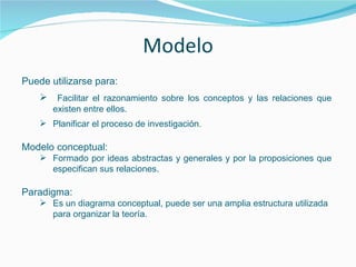Modelo
Puede utilizarse para:
 Facilitar el razonamiento sobre los conceptos y las relaciones que
existen entre ellos.
 Planificar el proceso de investigación.
Modelo conceptual:
 Formado por ideas abstractas y generales y por la proposiciones que
especifican sus relaciones.
Paradigma:
 Es un diagrama conceptual, puede ser una amplia estructura utilizada
para organizar la teoría.
 