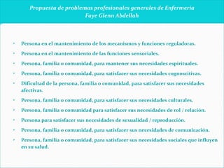   Propuesta de problemas profesionales generales de Enfermería Faye Glenn Abdellah     Persona en el mantenimiento de los mecanismos y funciones reguladoras. Persona en el mantenimiento de las funciones sensoriales. Persona, familia o comunidad, para mantener sus necesidades espirituales. Persona, familia o comunidad, para satisfacer sus necesidades cognoscitivas. Dificultad de la persona, familia o comunidad, para satisfacer sus necesidades afectivas. Persona, familia o comunidad, para satisfacer sus necesidades culturales. Persona, familia o comunidad para satisfacer sus necesidades de rol / relación. Persona para satisfacer sus necesidades de sexualidad / reproducción. Persona, familia o comunidad, para satisfacer sus necesidades de comunicación. Persona, familia o comunidad, para satisfacer sus necesidades sociales que influyen en su salud.   