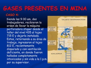 GASES PRESENTES EN MINA
CASO 4:
Siendo las 9:30 am, dos
trabajadores, recibieron la
orden de llevar la máquina
perforadora stoper desde el
taller del nivel 435 al tajeo
715 E y dejarla instalada.
Estos, retornando a su área de
trabajo, ingresaron al tajeo
812 E, recientemente
disparado y con ventilación
deficiente, en donde fueron
hallados completamente
intoxicados y sin vida a la 1 p.m.
por su supervisor.
 