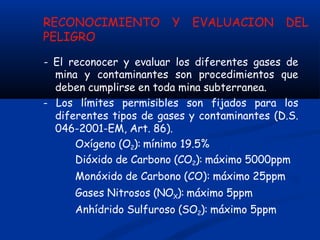 RECONOCIMIENTO Y EVALUACION DEL
PELIGRO
- El reconocer y evaluar los diferentes gases de
mina y contaminantes son procedimientos que
deben cumplirse en toda mina subterranea.
- Los límites permisibles son fijados para los
diferentes tipos de gases y contaminantes (D.S.
046-2001-EM, Art. 86).
Oxígeno (O2): mínimo 19.5%
Dióxido de Carbono (CO2): máximo 5000ppm
Monóxido de Carbono (CO): máximo 25ppm
Gases Nitrosos (NOX): máximo 5ppm
Anhídrido Sulfuroso (SO2): máximo 5ppm
 