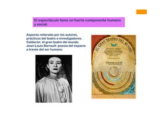 El espectáculo tiene un fuerte componente humano
y social.
Aspecto reiterado por los autores,
prácticos del teatro e investigadores.
Calderón: el gran teatro del mundo
Jean-Louis Barrault: poesía del espacio
a través del ser humano
 