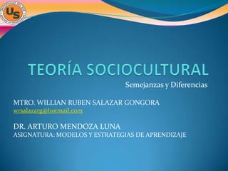 Semejanzas y Diferencias

MTRO. WILLIAN RUBEN SALAZAR GONGORA
wrsalazarg@hotmail.com

DR. ARTURO MENDOZA LUNA
ASIGNATURA: MODELOS Y ESTRATEGIAS DE APRENDIZAJE
 