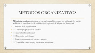 METODOS ORGANIZATIVOS
• Método de contingencia: tiene en cuenta los cambios en esta por influencia del medio
ambiente, la identificación de variables y su capacidad de adaptación al entorno.
• Tamaño de la organización
• Tecnología apropiada en las áreas
• Incertidumbre ambiental
• Diferencias individuales
• Situaciones de contexto interno y externo
• Versatilidad en métodos y técnicas de administrar.
 