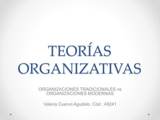 TEORÍAS
ORGANIZATIVAS
ORGANIZACIONES TRADICIONALES vs
ORGANIZACIONES MODERNAS
Valeria Cuervo Agudelo. Cód.: 49241
 