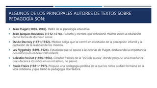 ALGUNOS DE LOS PRINCIPALES AUTORES DE TEXTOS SOBRE
PEDAGOGÍA SON:
 Jean Piaget (1896-1980). Padre de la psicología educativa.
 Jean Jacques Rousseau (1712-1778). Filósofo y escritor, que reflexionó mucho sobre la educación
como forma de dominio social.
 Ovide Decroly (1871-1932). Médico belga que se centró en el estudio de la percepción infantil y la
captación de la realidad de los mismos.
 Lev Vygotsky (1896-1924). Estudioso que se opuso a las teorías de Piaget, destacando la importancia
del entorno en el desarrollo infantil.
 Celestin Freinet (1896-1966). Creador francés de la “escuela nueva”, donde propuso una enseñanza
que ubicara a los niños en un rol activo, no pasivo.
 Paulo Freire (1921-1997). Propuso una pedagogía política en la que los niños podían formarse en la
vida cotidiana, y que llamó la pedagogía libertadora.
 