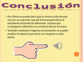  Por último se puede decir que la construcción de este
recurso va a permitir que de forma esquemática el
estudiante entienda las diferentes autores que
investigaron referente a la conducta del ser humano.
 También mediante imágenes el estudiante va a poder
ampliar el espectro que tiene con respecto a cada
teoría.
 