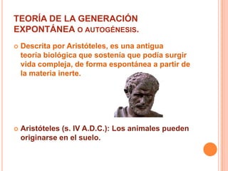 TEORÍA DE LA GENERACIÓN EXPONTÁNEA o autogénesis.Descrita por Aristóteles, es una antigua teoría biológica que sostenía que podía surgir vida compleja, de forma espontánea a partir de la materia inerte. Aristóteles (s. IV A.D.C.): Los animales pueden originarse en el suelo.