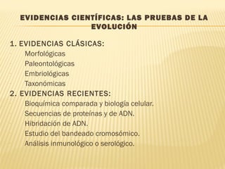 EVIDENCIAS CIENTÍFICAS: LAS PRUEBAS DE LA
EVOLUCIÓN
1. EVIDENCIAS CLÁSICAS:
- Morfológicas
- Paleontológicas
- Embriológicas
- Taxonómicas
2. EVIDENCIAS RECIENTES:
- Bioquímica comparada y biología celular.
- Secuencias de proteínas y de ADN.
- Hibridación de ADN.
- Estudio del bandeado cromosómico.
- Análisis inmunológico o serológico.
 