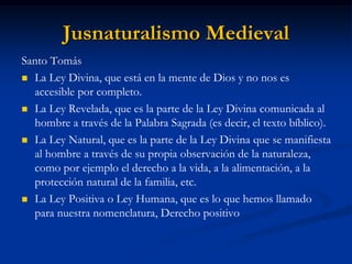 Jusnaturalismo Medieval 
Santo Tomás 
La Ley Divina, que está en la mente de Dios y no nos es accesible por completo. 
La Ley Revelada, que es la parte de la Ley Divina comunicada al hombre a través de la Palabra Sagrada (es decir, el texto bíblico). 
La Ley Natural, que es la parte de la Ley Divina que se manifiesta al hombre a través de su propia observación de la naturaleza, como por ejemplo el derecho a la vida, a la alimentación, a la protección natural de la familia, etc. 
La Ley Positiva o Ley Humana, que es lo que hemos llamado para nuestra nomenclatura, Derecho positivo  