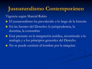 Jusnaturalismo Contemporáneo 
Vigencia según Marcial Rubio 
El jusnaturalismo ha prevalecido a lo largo de la historia 
En las fuentes del Derecho: la jurisprudencia, la doctrina, la costumbre 
Está presente en la integración jurídica, recurriendo a la analogía y a los principios generales del Derecho 
No se puede sustituir al hombre por la máquina  