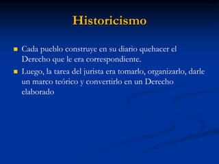 Historicismo 
Cada pueblo construye en su diario quehacer el Derecho que le era correspondiente. 
Luego, la tarea del jurista era tomarlo, organizarlo, darle un marco teórico y convertirlo en un Derecho elaborado  