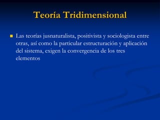 Teoría Tridimensional 
Las teorías jusnaturalista, positivista y sociologista entre otras, así como la particular estructuración y aplicación del sistema, exigen la convergencia de los tres elementos  