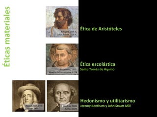 Éticas materiales Ética escolástica Santo Tomás de Aquino Ética de Aristóteles Hedonismo y utilitarismo Jeremy Bentham y John Stuart Mill Londres, 1806 Aviñón 1873 Houndsditch, 1748 Londres, 1832 Rocasecca, 1225  Abadía de Fossanuova, 1274 Estagira, 384 aC Calcis Eubea, 322 aC 