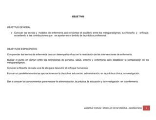 MAESTRIA TEORIAS Y MODELOS DE ENFERMERIA. AMANDA MISS 5
OBJETIVO
OBJETIVO GENERAL
 Conocer las teorías y modelos de enfermería para encontrar el equilibrio entre los metaparadigmas; sus filosofía y enfoque;
accediendo a las contribuciones que se aportan en el ámbito de la práctica profesional.
OBJETIVOS ESPECÍFICOS:
Comprender las teorías de enfermería para un desempeño eficaz en la realización de las intervenciones de enfermería.
Buscar el punto en común entre las definiciones de persona, salud, entorno y enfermería para establecer la comparación de los
metaparadigmas.
Conocer la filosofía de cada una de ella para descubrir el enfoque humanista.
Formar un paralelismo entre las aportaciones en la disciplina, educación, administración; en la práctica clínica, e investigación.
Dar a conocer los conocimientos para mejorar la administración, la práctica, la educación y la investigación en la enfermería.
 
