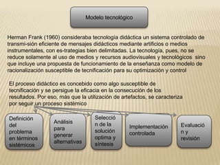 Modelo tecnológicoHerman Frank (1960) consideraba tecnología didáctica un sistema controlado de transmi­sión eficiente de mensajes didácticos mediante artificios o medios instrumentales, con es­trategias bien delimitadas. La tecnología, pues, no se reduce solamente al uso de medios y recursos audiovisuales y tecnológicos  sino que incluye una propuesta de funcionamiento de la enseñanza como modelo de racionalización susceptible de tecnificación para su optimización y controlEl proceso didáctico es concebido como algo susceptible de tecnificación y se persigue la eficacia en la consecución de los resultados. Por eso, más que la utilización de artefactos, se caracteriza por seguir un proceso sistémicoSelección de la solución optima y síntesisDefinición del problema en términos sistémicosAnálisis para generar alternativasImplementación controladaEvaluación y revisión