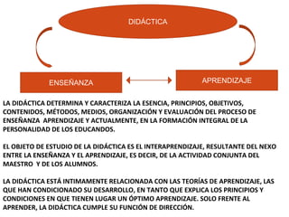 DIDÁCTICA
ENSEÑANZA APRENDIZAJE
LA DIDÁCTICA DETERMINA Y CARACTERIZA LA ESENCIA, PRINCIPIOS, OBJETIVOS,
CONTENIDOS, MÉTODOS, MEDIOS, ORGANIZACIÓN Y EVALUACIÓN DEL PROCESO DE
ENSEÑANZA APRENDIZAJE Y ACTUALMENTE, EN LA FORMACIÓN INTEGRAL DE LA
PERSONALIDAD DE LOS EDUCANDOS.
EL OBJETO DE ESTUDIO DE LA DIDÁCTICA ES EL INTERAPRENDIZAJE, RESULTANTE DEL NEXO
ENTRE LA ENSEÑANZA Y EL APRENDIZAJE, ES DECIR, DE LA ACTIVIDAD CONJUNTA DEL
MAESTRO Y DE LOS ALUMNOS.
LA DIDÁCTICA ESTÁ INTIMAMENTE RELACIONADA CON LAS TEORÍAS DE APRENDIZAJE, LAS
QUE HAN CONDICIONADO SU DESARROLLO, EN TANTO QUE EXPLICA LOS PRINCIPIOS Y
CONDICIONES EN QUE TIENEN LUGAR UN ÓPTIMO APRENDIZAJE. SOLO FRENTE AL
APRENDER, LA DIDÁCTICA CUMPLE SU FUNCIÓN DE DIRECCIÓN.
 