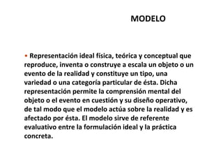 • Representación ideal física, teórica y conceptual que
reproduce, inventa o construye a escala un objeto o un
evento de la realidad y constituye un tipo, una
variedad o una categoría particular de ésta. Dicha
representación permite la comprensión mental del
objeto o el evento en cuestión y su diseño operativo,
de tal modo que el modelo actúa sobre la realidad y es
afectado por ésta. El modelo sirve de referente
evaluativo entre la formulación ideal y la práctica
concreta.
MODELO
 