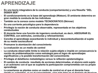 APRENDIZAJE
• Es una teoría integradora de la conducta (comportamiento) y una filosofía “DEL
DEBER SER”
• El condicionamiento es la base del aprendizaje (Watson). El ambiente determina en
gran medida la conducta de los individuos
• También se la conoce como modelo TECNOCRÁTICO (Skinner)
• Es una corriente psicológica para la dependencia
• Privilegia la noción de conducta observable, representada en los objetivos
conductuales
• El docente tiene una función de ingeniero conductual, es decir, ASEGURAR EL
CONTROL con estímulos, conductas y reforzamientos
• Concibe el aprendizaje exacerbando lo individual y descontextualizando al sujeto
de su medio sociocultural
• Promueve la atomización del conocimiento
• La evaluación es un medio de control
• La conducta observable limita la relación sujeto-objeto e impide en consecuencia la
noción de problematización como estrategia para el logro de aprendizajes
significativos y la posible transformación del conocimiento
• Privilegia el detallismo metodológico versus la reflexión epistemológica
• El cambio de conducta resultado de acciones determinadas, el alumno está sujeto
a un activismo con el que se suplanta la participación comprometida con su propio
aprendizaje
• La enseñanza se plantea como un medio de control en el que el docente hace
 