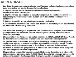 APRENDIZAJE
• Los docentes promueven aprendizajes significativos en los estudiantes, cuando se
pone en práctica las siguientes condiciones básicas
• 1. Significatividad lógica: los contenidos deben ser potencialmente
significativos,sean sustantivos
• 2. Significatividad psicológica: la estructura cognitiva del sujeto debe existir los
esquemas previos necesarios que puedan ser relacionados con los nuevos
contenidos
• 3. Actitud favorable: los estudiantes deben estar motivados
• 4. Contenidos funcionales: los contenidos deben ser utilizados por los estudiantes
en diferentes situaciones y contextos.
• Las funciones psicológicas superiores son: comunicación, lenguaje, razonamiento,
y son producto del desarrollo cultural de cada grupo social y no del desarrollo
personal (Vigotsky)
• El desarrollo de las funciones se realiza mediante la INTERACCIÓN SOCIAL. A partir
de dos momentos: mediación interpersonal y de asimilación intrapersonal
• La enseñanza de la lengua es un instrumento decisivo para que los estudiantes
maduren no solo en el aspecto cognitivo, sino también en el nivel social. Por ello,
es básico que los alumnos tengan el dominio de la lectura y de la escritura
• El ZDP es el espacio en que gracias a la interacción con adultos o entre sus pares
una persona puede resolver un problema
• El aprendizaje se considera como una actividad que se da mediante la interacción
social, más que como una actividad individual: discusiones en grupo con asesoría
del docente, desarrollan la capacidad de argumentación, la capacidad de saber
 