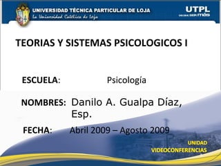 TEORIAS Y SISTEMAS PSICOLOGICOS I  ESCUELA :  Psicología NOMBRES: Danilo A. Gualpa Díaz, Esp. Abril 2009 – Agosto 2009 FECHA : 