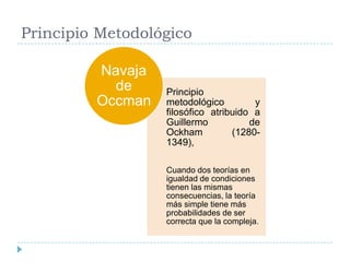 Principio Metodológico

         Navaja
           de     Principio
         Occman   metodológico         y
                  filosófico atribuido a
                  Guillermo           de
                  Ockham          (1280-
                  1349),

                  Cuando dos teorías en
                  igualdad de condiciones
                  tienen las mismas
                  consecuencias, la teoría
                  más simple tiene más
                  probabilidades de ser
                  correcta que la compleja.
 