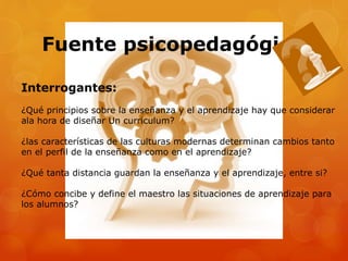 Fuente psicopedagógica 
Interrogantes: 
¿Qué principios sobre la enseñanza y el aprendizaje hay que considerar 
ala hora de diseñar Un curriculum? 
¿las características de las culturas modernas determinan cambios tanto 
en el perfil de la enseñanza como en el aprendizaje? 
¿Qué tanta distancia guardan la enseñanza y el aprendizaje, entre si? 
¿Cómo concibe y define el maestro las situaciones de aprendizaje para 
los alumnos? 
 