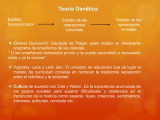 Estadio 
Sensoriomotor 
Estadio de las 
operaciones 
concretas 
Estadio de las 
operaciones 
formales 
Teoría Genética 
 Eleanor Duckworth: Discípula de Piaget, quien realizo un interesante 
programa de enseñanza de las ciencias. 
“ O les enseñamos demasiado pronto y no puede aprenderlo o demasiado 
tarde y ya lo conoce”. 
 Vygotsky, Luria y León tiev,: El concepto de educación que da lugar al 
modelo de curriculum consiste en rechazar la tradicional separación 
entre el individuo y la sociedad. 
 Cultura de acuerdo con Cole y Wakai . Es la experiencia acumulada de 
los grupos sociales para superar dificultades y obstáculos en el 
transcurso de la historia como especie. leyes, creencias, sentimientos, 
intereses, actitudes, conducta etc. . 
 