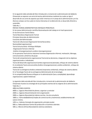 En la siguiente tabla extraída del libro Introducción a la teoría de la administración de Idalberto
Chiavenato se exponen una serie de teorías administrativas mediante las cuales se rige el
desarrollo de una serie de aspectos que están inmersos en el campo de la administración y en los
diversos campos con los cuales la misma interactúa en la obtención de un desarrollo eficiente y
sostenible.
Tabla No. 1
ÉNFASIS TEORIAS ADMINISTRATIVAS ENFOQUES PRINCIPALES
En las tareas Administración científica Racionalización del trabajo en el nivel operacional.
En las Estructuras Teoría Clásica
Teoría Neoclásica Organización Formal
Principios Generales de Administración
Funciones del Administrador
Teoría de la Burocracia Organización formal Burocrática
Racionalidad organizacional
Teoría Estructuralista →Enfoque Múltiple:
-Organización formal e informal
-Análisis intraorganizacional y análisis interorganizacional
En las personas Teoría de las relaciones humanas Organización informal, motivación, liderazgo,
comunicaciones y dinámica de grupo
Teoría del comportamiento organizacional Teoría de las decisiones, integración de los objetivos
organizacionales e individuales.
Teoría del desarrollo organizacional Cambio organizacional planeado, enfoque de sistema abierto
En el ambiente Teoría estructuralista Análisis intraorganizacional y análisis ambiental , enfoque de
sistema abierto
Teoría de la contingencia Análisis ambiental (imperativo ambiental), enfoque de sistema abierto
En la Tecnología Teoría de la contingencia Administración de la tecnología
En la competitividad Nuevos enfoques en la administración Caos y complejidad, Aprendizaje
organizacional, capital intelectual.
La siguiente tabla extraída del libro Introducción a la teoría de la administración de Idalberto
Chiavenato muestra la cronología de los principales eventos de los orígenes de la administración.
Tabla No. 2
AÑOS AUTORES EVENTOS
4000 a.c. Egipcios Necesidad de planear, organizar y controlar
2600 a.c. Egipcios Descentralización de la organización
2000 a.c. Egipcios Necesidad de órdenes escritas. Uso de consultoría
1800 a.c. Hamurabi(Babilonia) Empleo de control escrito y testimonial; establecimientos del
salario mínimo.
1491 a.c. Hebreos Concepto de organización; principio escalar
600 a.c. Nabucodonosor Control de producción e incentivos salariales
500 a.c. Mencio (China) Necesidad de sistemas estándares
 