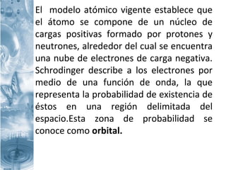 El modelo atómico vigente establece que
el átomo se compone de un núcleo de
cargas positivas formado por protones y
neutrones, alrededor del cual se encuentra
una nube de electrones de carga negativa.
Schrodinger describe a los electrones por
medio de una función de onda, la que
representa la probabilidad de existencia de
éstos en una región delimitada del
espacio.Esta zona de probabilidad se
conoce como orbital.
 