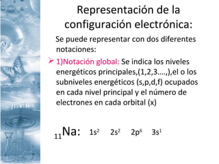 Representación de la
configuración electrónica:
Se puede representar con dos diferentes
notaciones:
 1)Notación global: Se indica los niveles
energéticos principales,(1,2,3….,),el o los
subniveles energéticos (s,p,d,f) ocupados
en cada nivel principal y el número de
electrones en cada orbital (x)
1s2
2s2
2p6
3s1
11Na:
 
