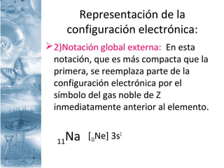 Representación de la
configuración electrónica:
2)Notación global externa: En esta
notación, que es más compacta que la
primera, se reemplaza parte de la
configuración electrónica por el
símbolo del gas noble de Z
inmediatamente anterior al elemento.
[10Ne] 3s1
11Na
 