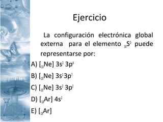 Ejercicio
La configuración electrónica global
externa para el elemento 16S2-
puede
representarse por:
A) [10Ne] 3s2
3p4
B) [10Ne] 3s1
3p7
C) [10Ne] 3s2
3p2
D) [18Ar] 4s2
E) [18Ar]
 